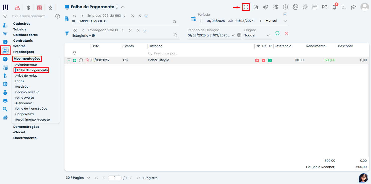 Tela da Folha de Pagamento no Sistema Contábil Makro exibindo geração de valores para rescisão de estagiário com evento Bolsa Estágio.