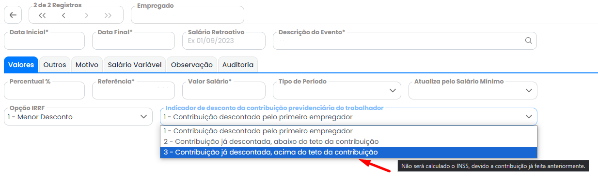 Campo Indicador de contribuição previdenciária no Sistema Contábil Makro com opção selecionada para Múltiplos Vínculos para Descontar INSS.