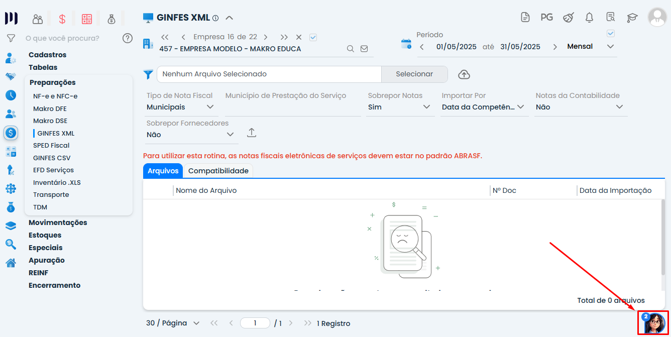 Tela do Sistema Contábil Makro na rotina GINFES XML exibindo painel de importação para Abertura de Atendimento com envio de nota fiscal.