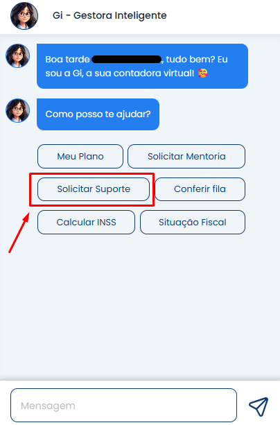 Chat da Gi no Sistema Contábil Makro destacando botão Solicitar Suporte para iniciar Abertura de Atendimento de forma rápida.