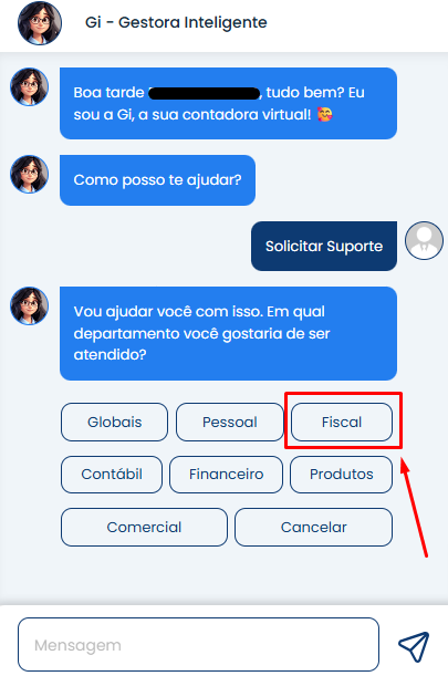 Chat do Sistema Contábil Makro exibindo seleção do setor Fiscal para Abertura de Atendimento via Gi Gestora Inteligente.