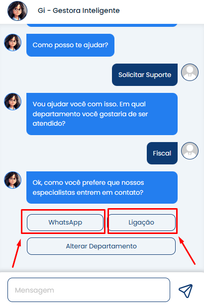 Sistema Contábil Makro apresentando opções WhatsApp ou Ligação para Abertura de Atendimento no suporte fiscal.