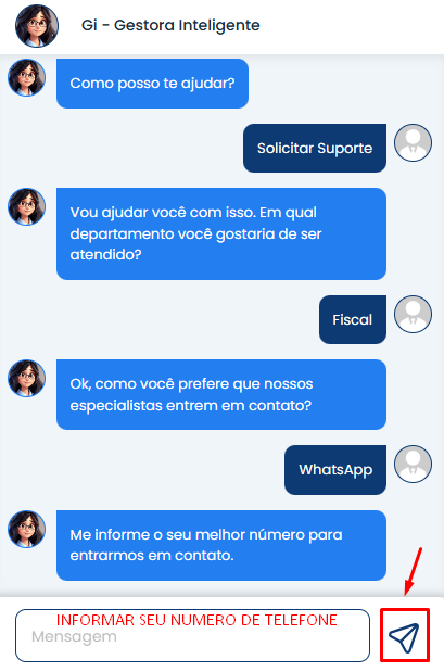 Chat do Sistema Contábil Makro solicitando número de telefone para dar sequência à Abertura de Atendimento via WhatsApp.