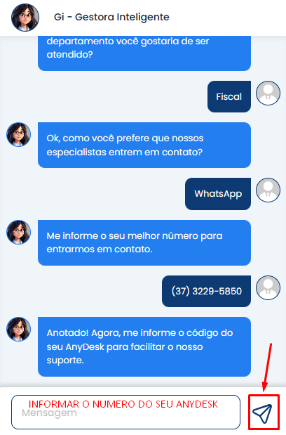 Sistema Contábil Makro solicitando código AnyDesk no chat para finalizar Abertura de Atendimento com suporte técnico.