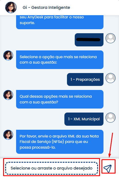 Interface do Sistema Contábil Makro solicitando envio do arquivo XML da NFSe para concluir Abertura de Atendimento.