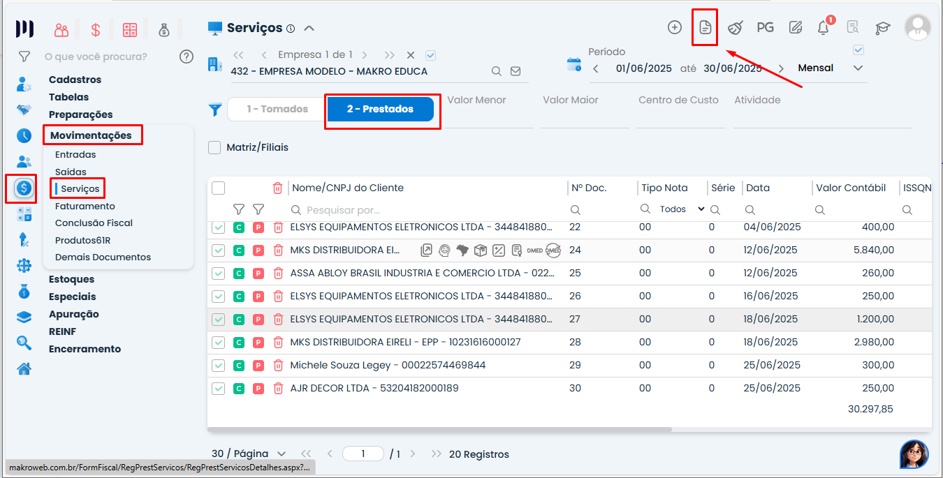 Tela do módulo Fiscal no Sistema Contábil Makro exibindo menu Movimentações > Serviços > Prestados para Conferência de Serviços Prestados.