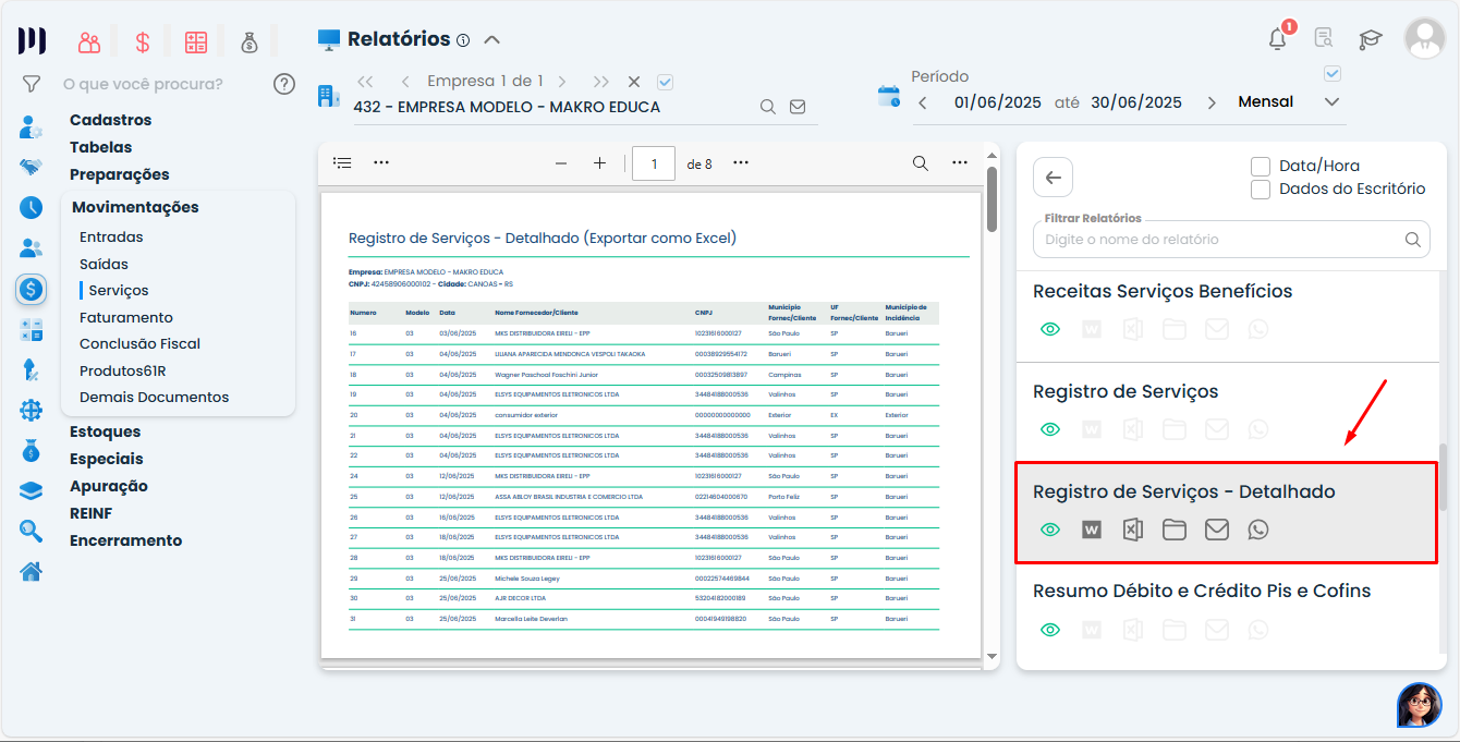 Relatório Registro de Serviços – Detalhado no Sistema Contábil Makro utilizado na Conferência de Serviços Prestados com dados fiscais completos.