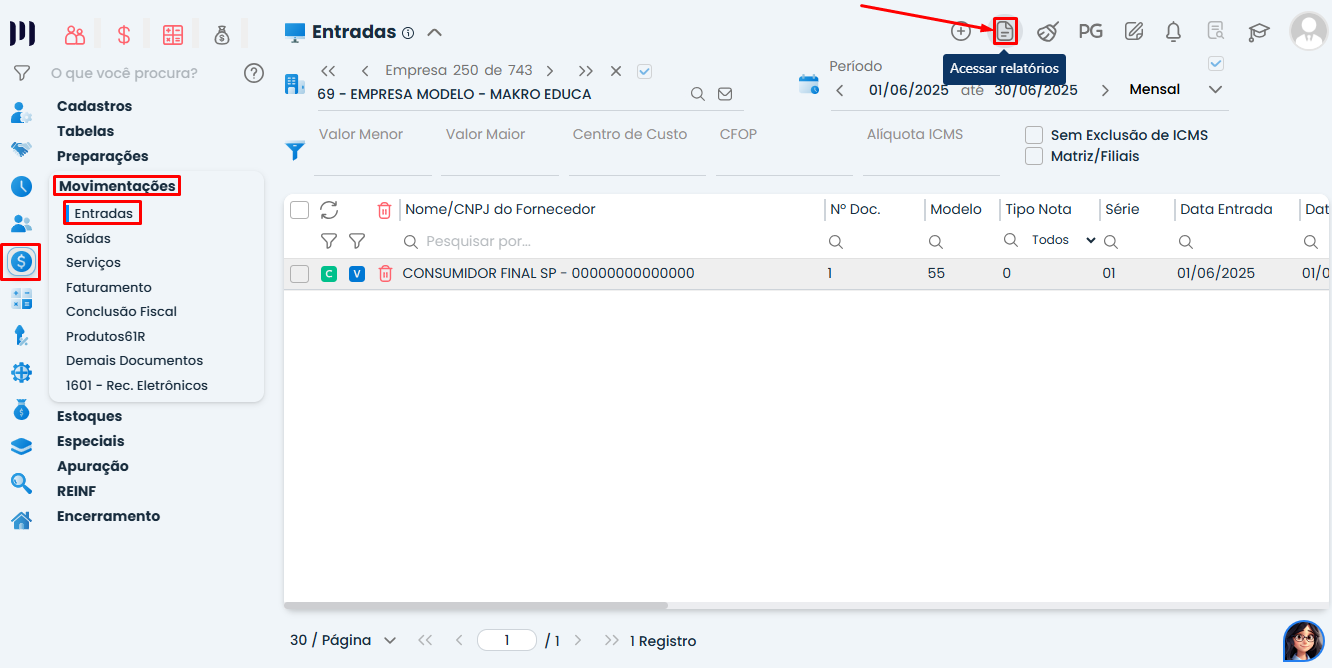 Tela de Relatórios de Entrada no Sistema Contábil Makro com menu Movimentações > Entradas destacado e ícone de acessar relatórios evidenciado.