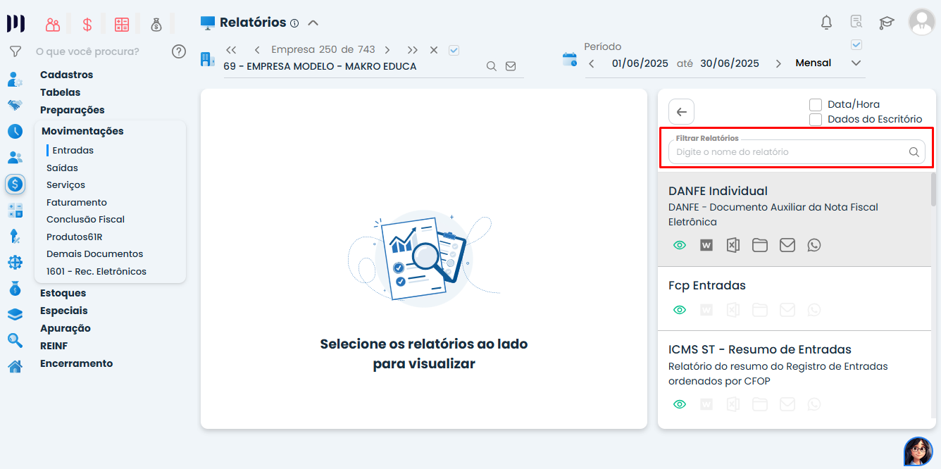 Painel de Relatórios de Entrada no Sistema Contábil Makro com campo Filtrar Relatórios em destaque para pesquisa rápida e localização precisa.