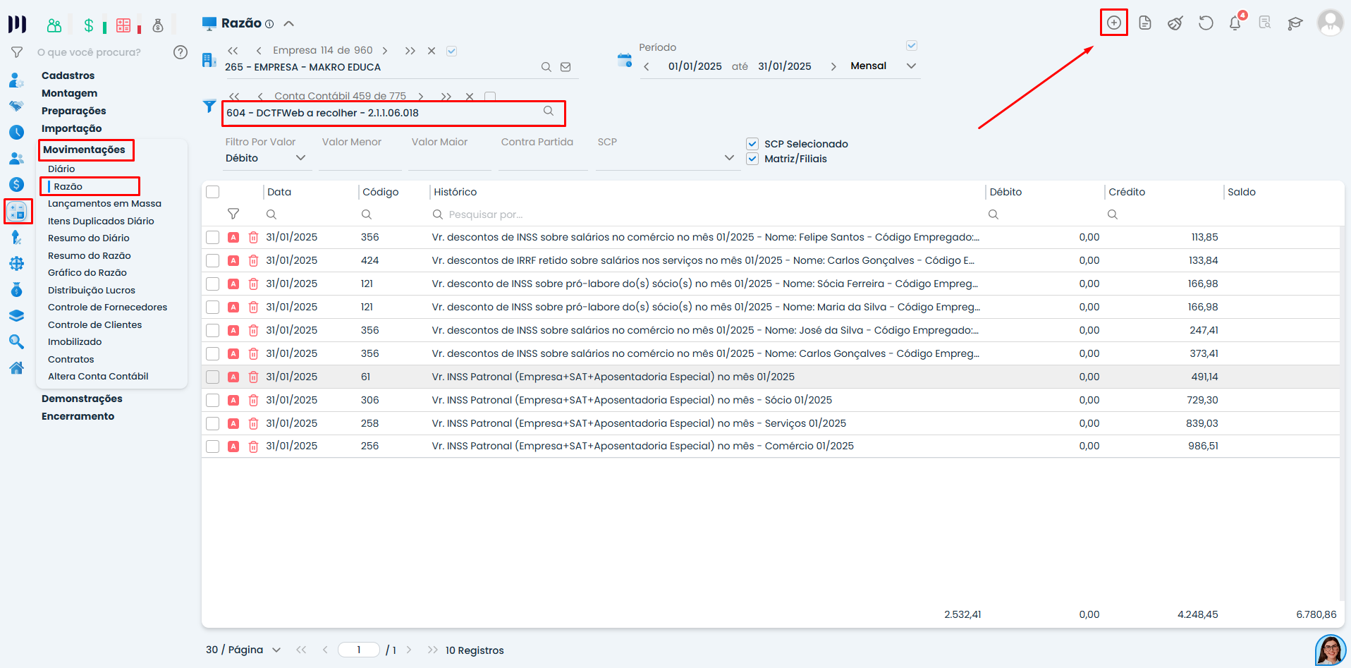 Tela do Razão no Sistema Contábil Makro exibindo a conta DCTFWeb a Recolher, com lançamentos automáticos e valores vinculados à Guia de DCTFWeb.