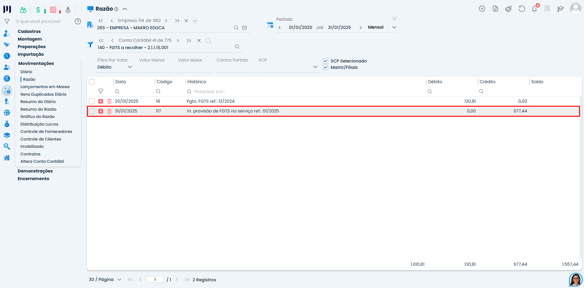 Tela do Razão no Sistema Contábil Makro exibindo lançamento de provisão de FGTS a recolher, com destaque para ajuste vinculado à Guia de FGTS.