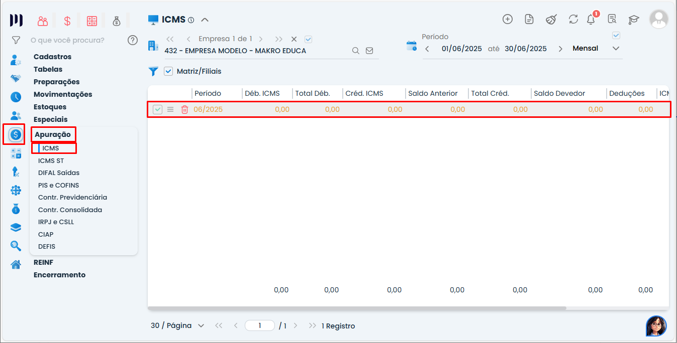 Tela de Apuração de ICMS no Sistema Contábil Makro com menu Fiscal destacado e período selecionado para ajustes de Créditos de ICMS.
