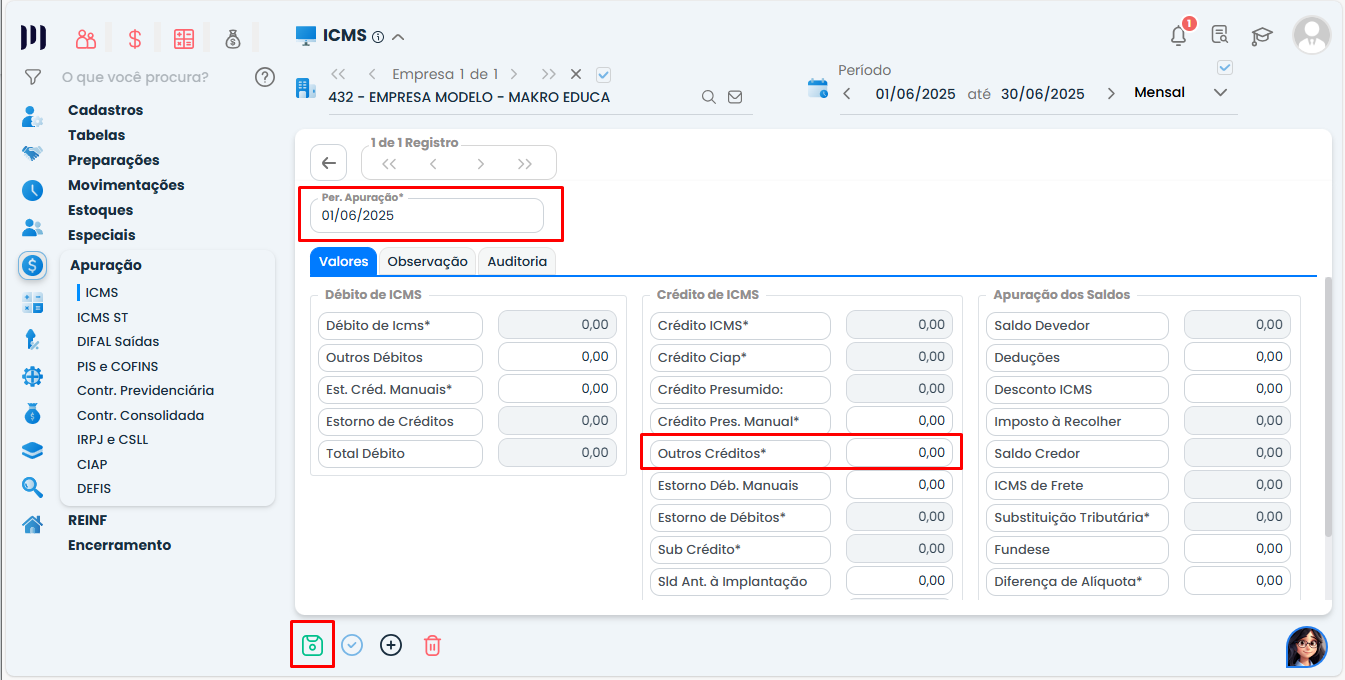 Tela de valores da Apuração de ICMS no Sistema Contábil Makro com campo Outros Créditos destacado para lançamento de Créditos de ICMS.