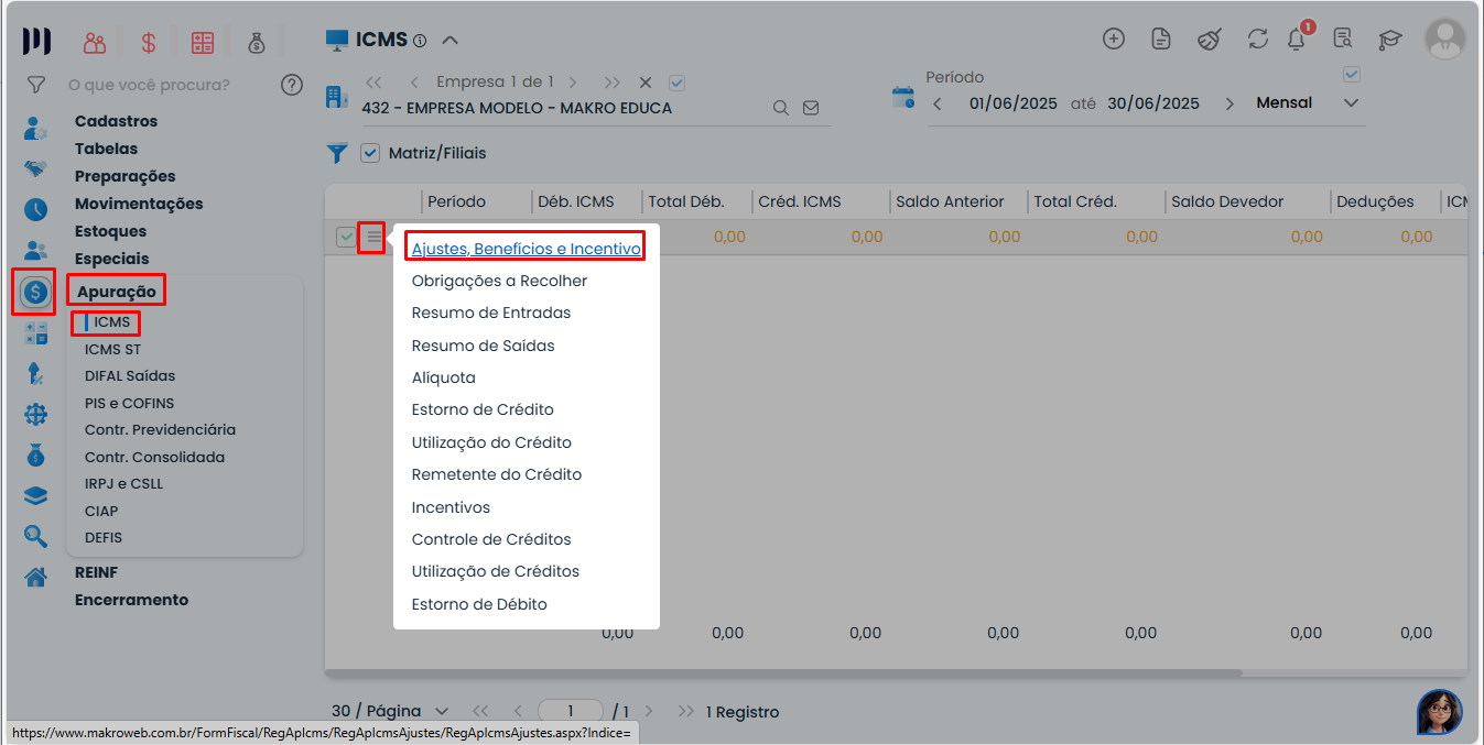 Menu Ajustes, Benefícios e Incentivo no Sistema Contábil Makro acessado pela apuração para configurar Créditos de ICMS.