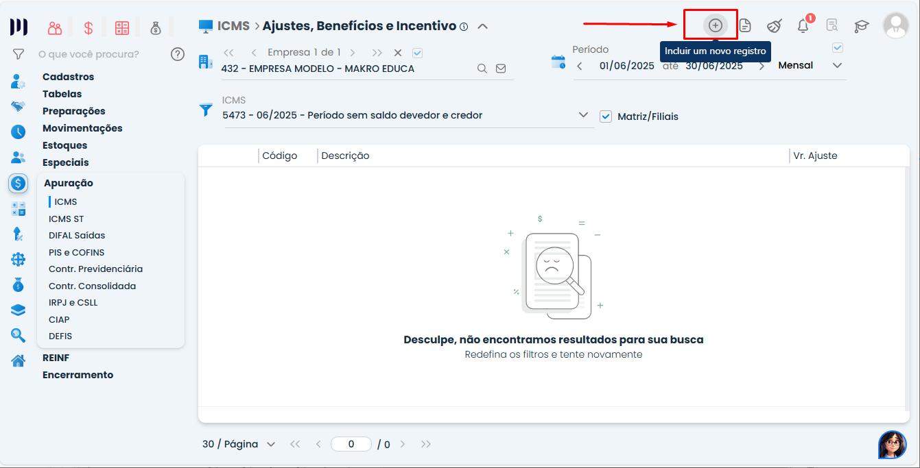 Tela de inclusão de novo registro em Ajustes de Apuração no Sistema Contábil Makro para cadastrar Créditos de ICMS.