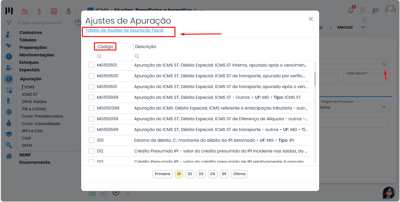 Tabela de Ajustes de Apuração Fiscal no Sistema Contábil Makro com seleção de código oficial para Créditos de ICMS.