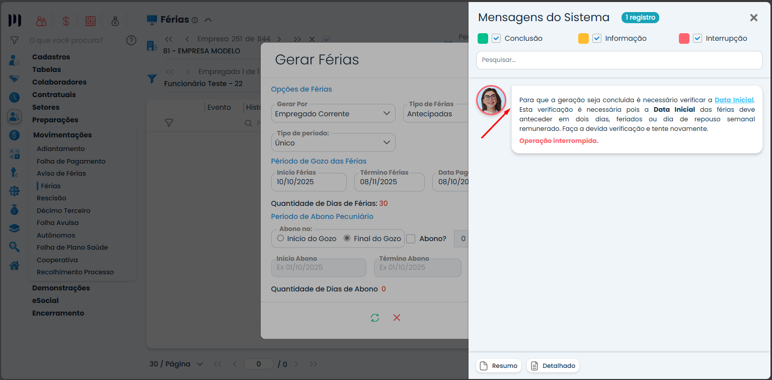 Tela Gerar Férias no Sistema Contábil Makro exibindo alerta de ajuste de validação nas férias por conflito com feriado ou descanso semanal.