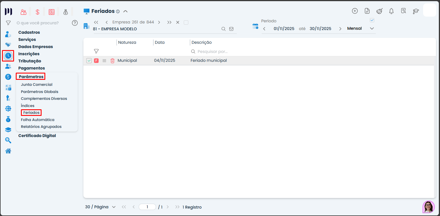Tela de cadastro de Feriados no Sistema Contábil Makro utilizada para ajuste de validação nas férias em período com feriado municipal.