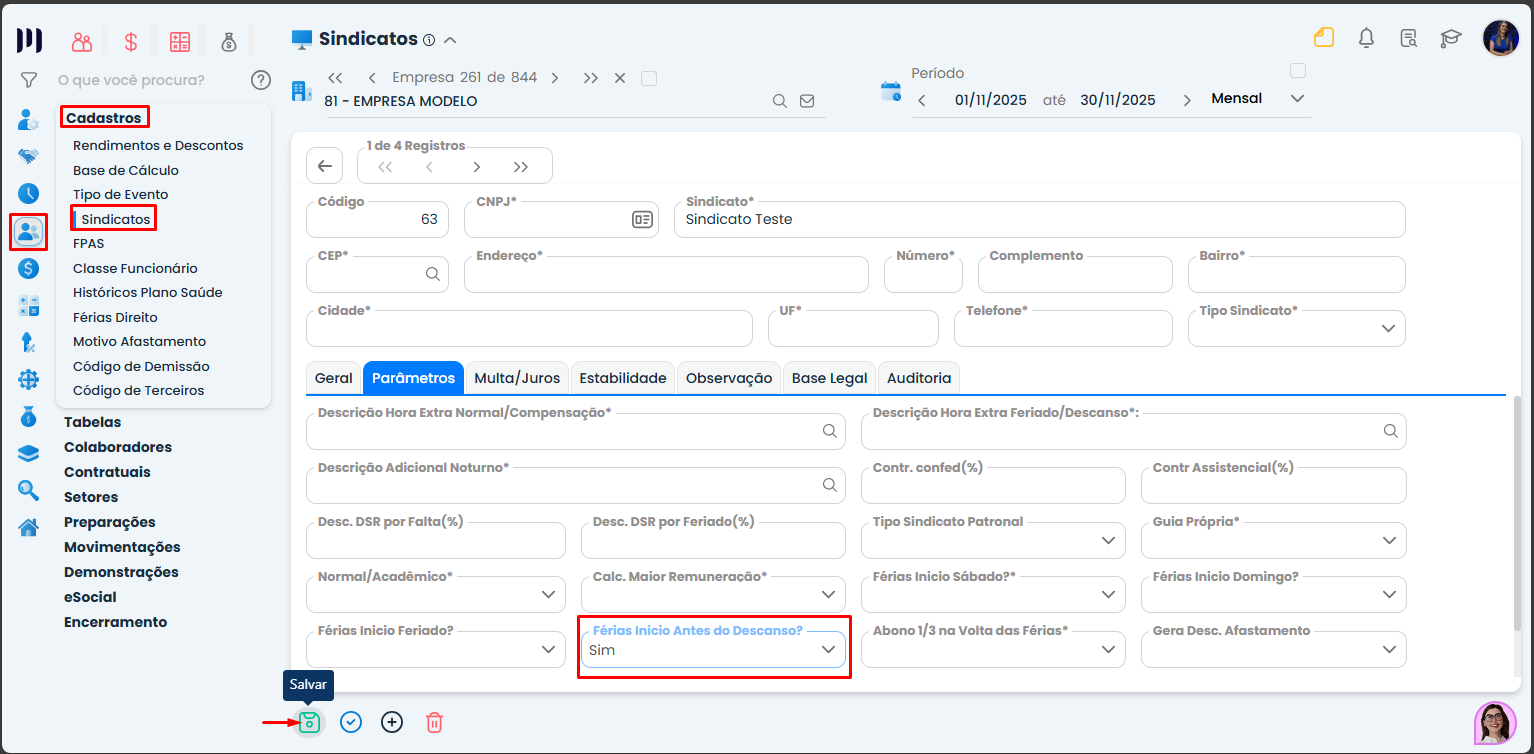 Tela de parâmetros do Sindicato no Sistema Contábil Makro com opção férias início antes do descanso para ajuste de validação nas férias.