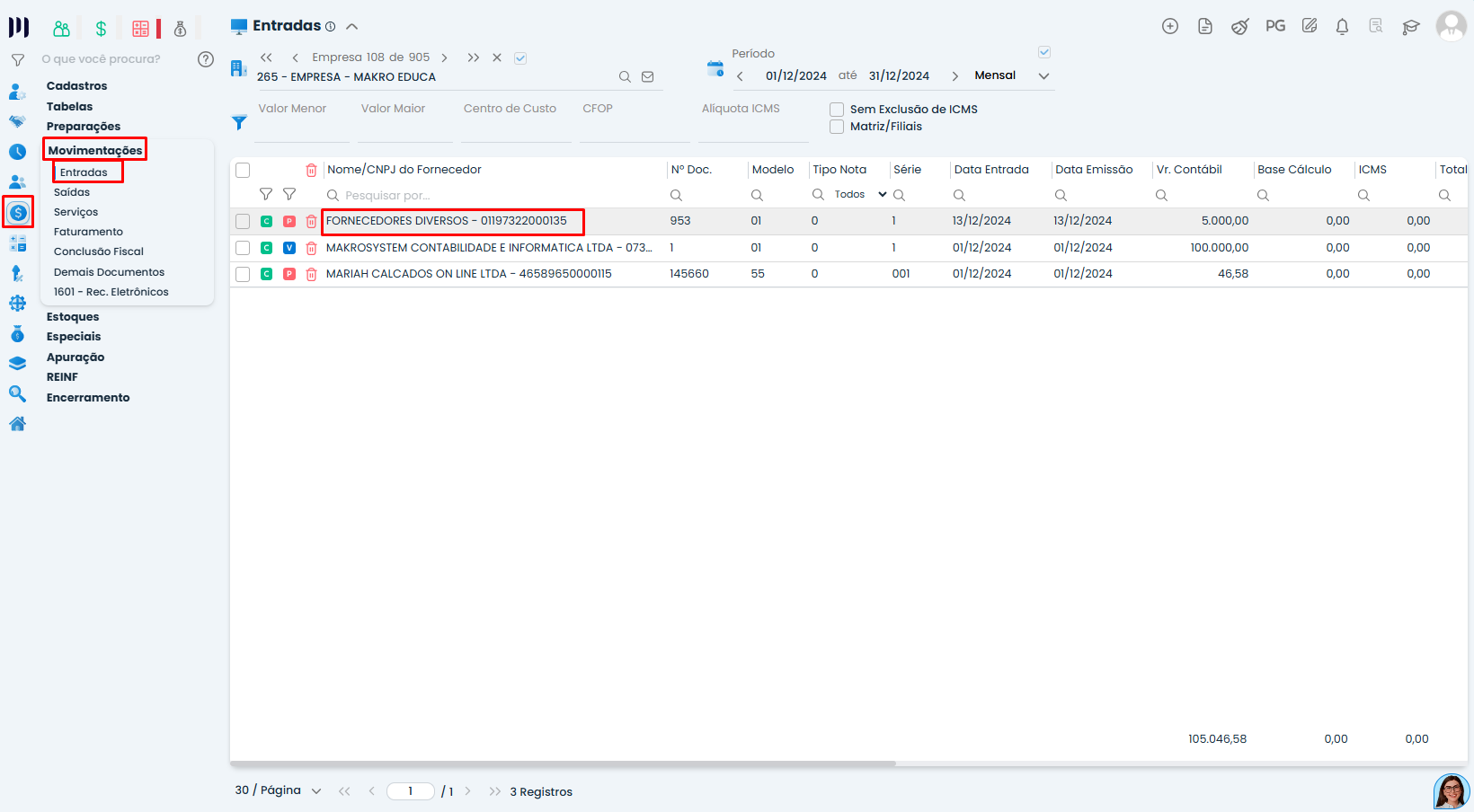Tela de Entradas no Sistema Contábil Makro com nota fiscal selecionada para Alteração de NF no módulo Fiscal após reabertura do período.