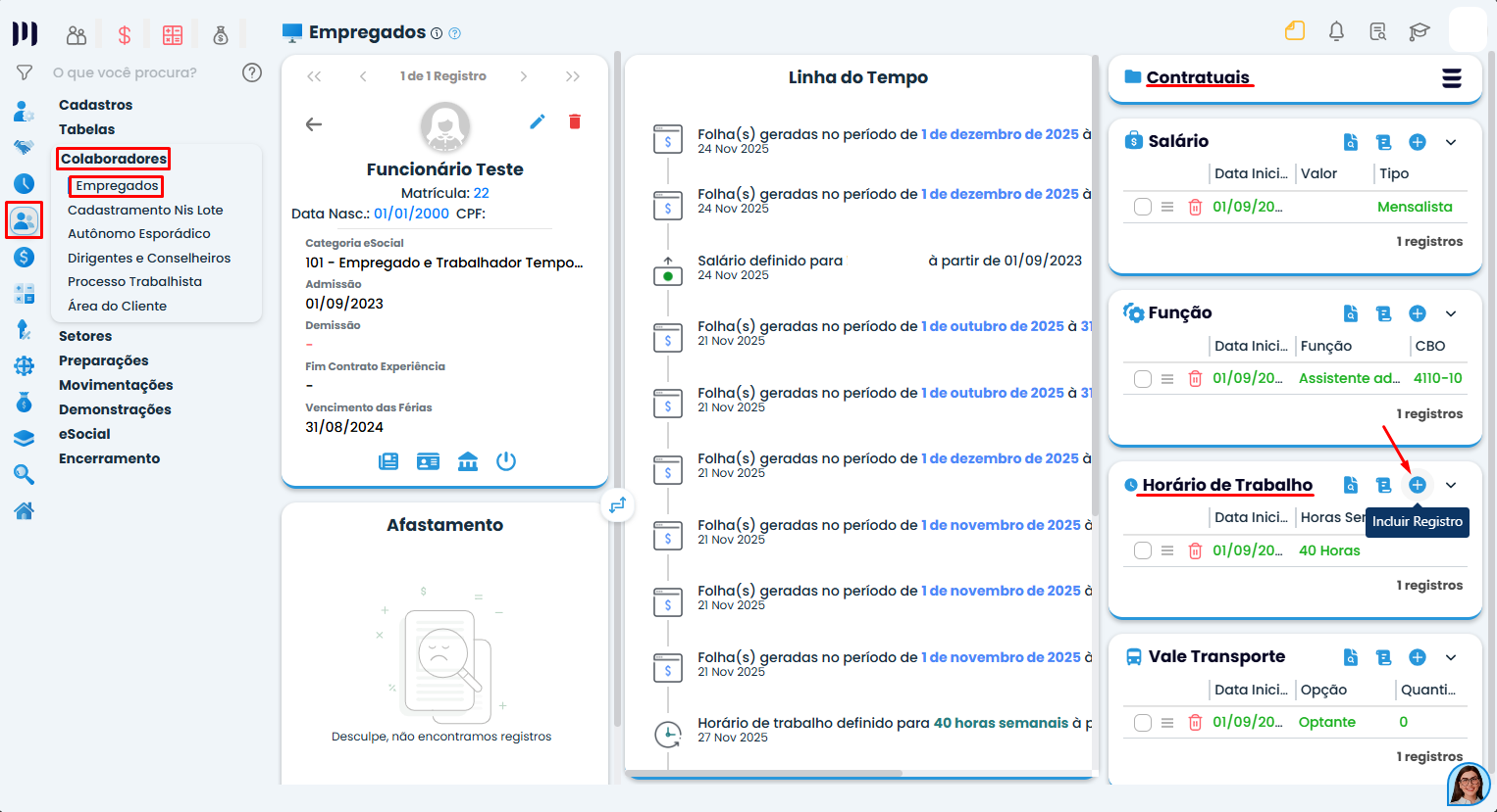 Tela de Empregados no Sistema Contábil Makro destacando menu Horário de Trabalho para alterar jornada e escala do colaborador.