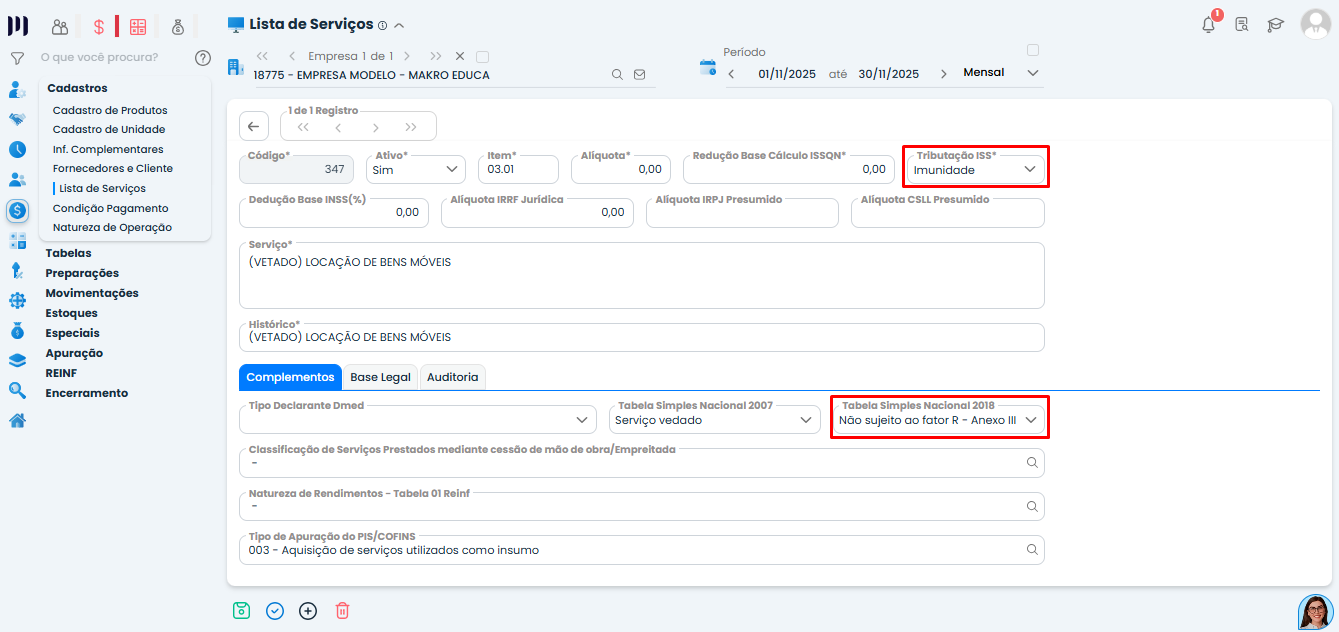 Cadastro da Lista de Serviços no Sistema Contábil Makro com ISS Imunidade e Anexo III para Locação no Simples Nacional configurado.