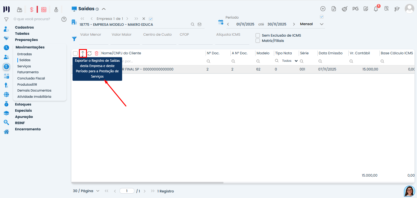 Tela de Saídas no Sistema Contábil Makro com botão Exportar Registro para Serviços na Locação no Simples Nacional em destaque.