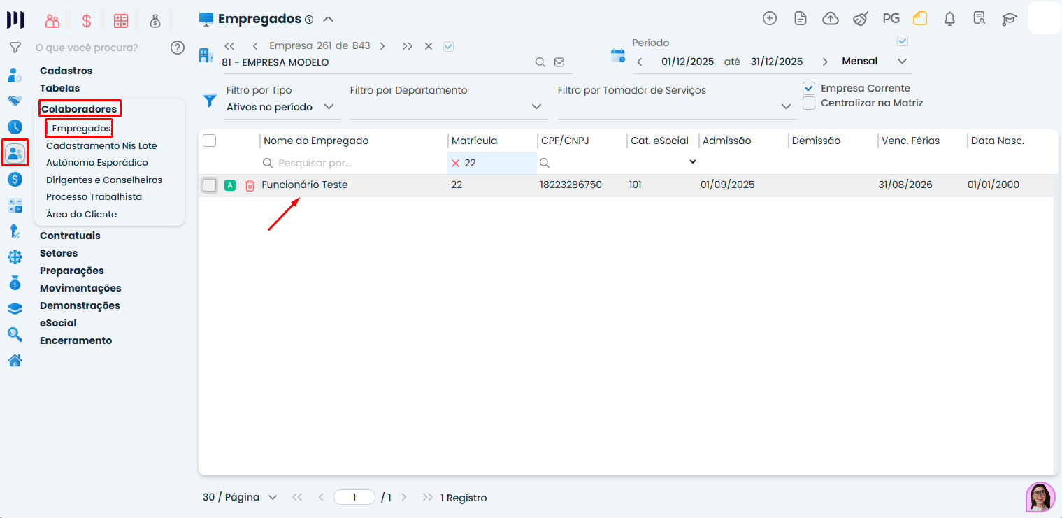 Tela de Empregados no Sistema Contábil Makro com menu Colaboradores destacado e seleção de funcionário para corrigir Arquivo SD gerado em branco.