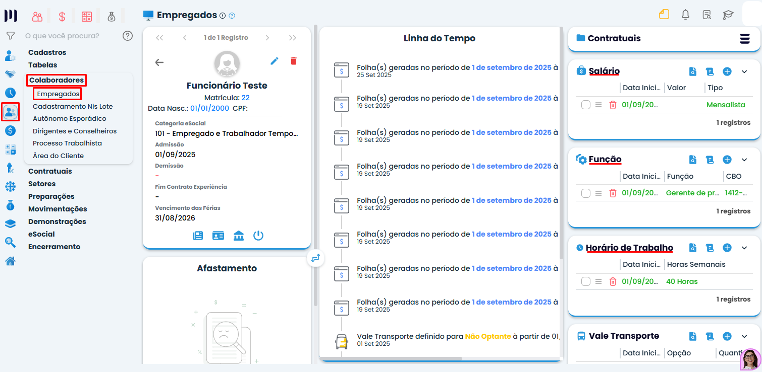 Painel do colaborador no Sistema Contábil Makro exibindo salário, função e horário para ajuste do Arquivo SD gerado em branco.