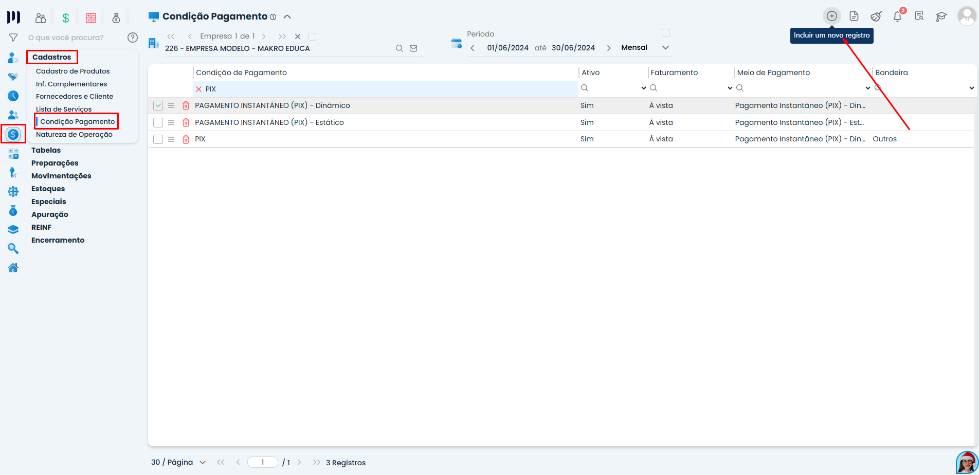 Tela do Sistema Contábil Makro exibindo o cadastro de condições de pagamento, com destaque para PIX Dinâmico e opção de incluir novo registro.