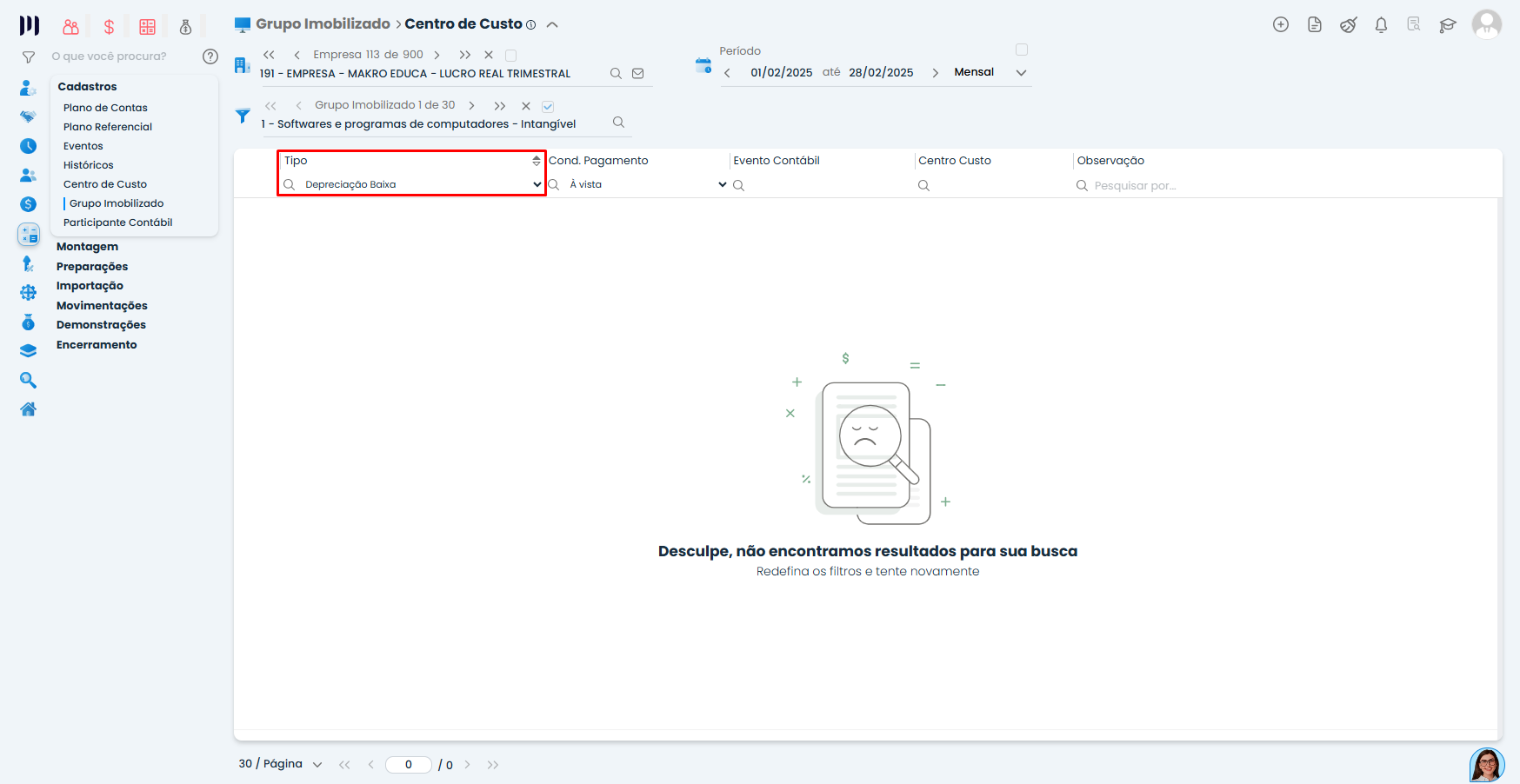 Tela Centro de Custo do Sistema Contábil Makro dentro do Grupo Imobilizado com filtro de tipo Depreciação Baixa selecionado.