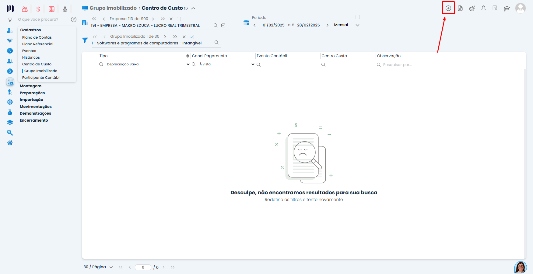 Tela do Sistema Contábil Makro em Centro de Custo do Grupo Imobilizado com botão de inclusão destacado para novo registro.