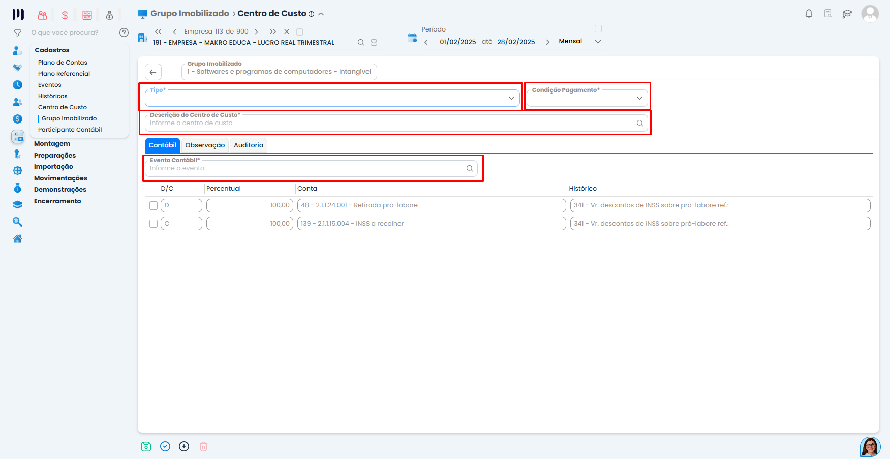 Formulário do Sistema Contábil Makro para cadastro de Centro de Custo no Grupo Imobilizado com campos tipo, descrição e evento contábil.