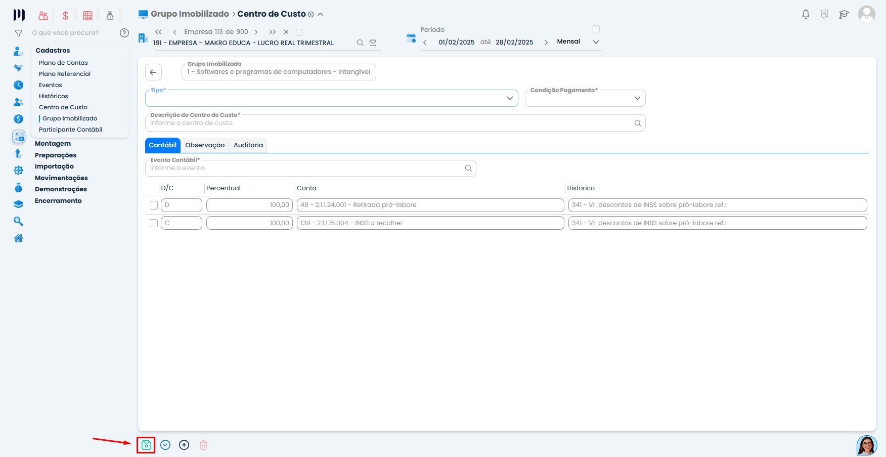 Tela do Sistema Contábil Makro em Centro de Custo do Grupo Imobilizado com botão salvar destacado para confirmar cadastro.