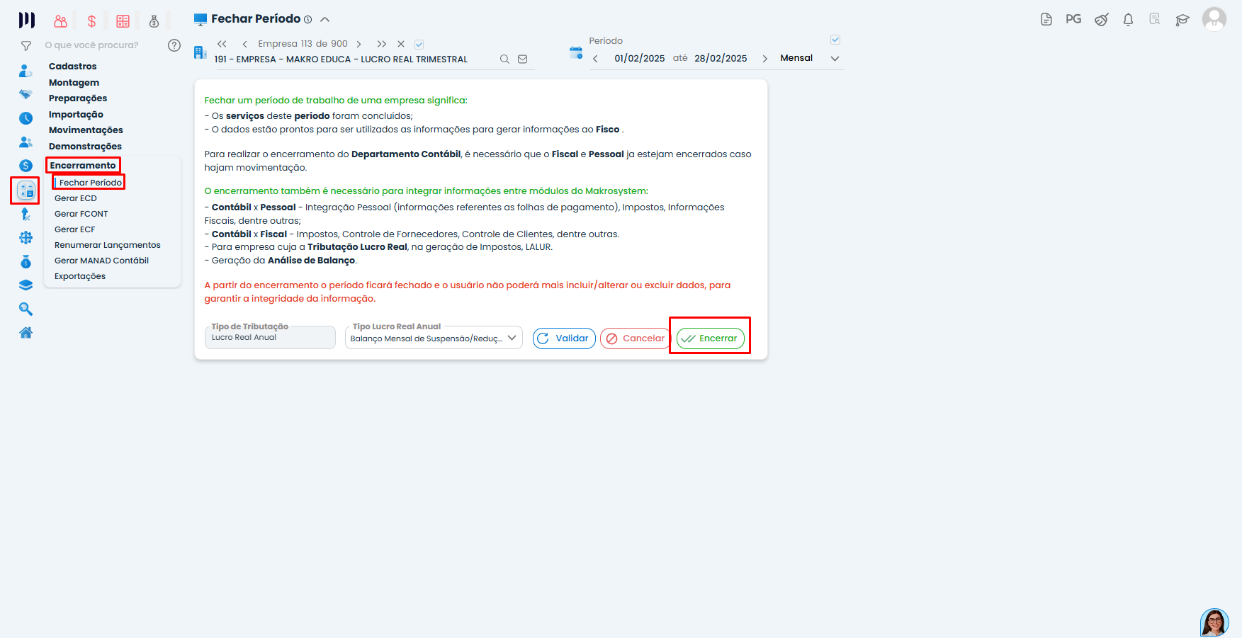 Tela Fechar Período no Sistema Contábil Makro após ajuste no Grupo Imobilizado, com botão Encerrar destacado.