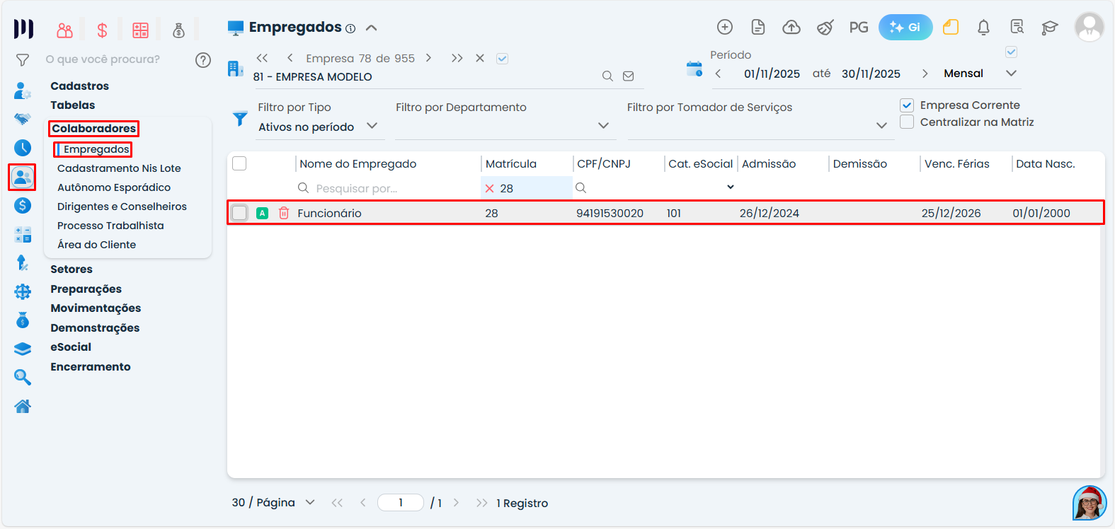 Tela do Sistema Contábil Makro exibindo o menu Colaboradores > Empregados, com funcionário selecionado para iniciar o cadastro de dependentes e Salário Família.