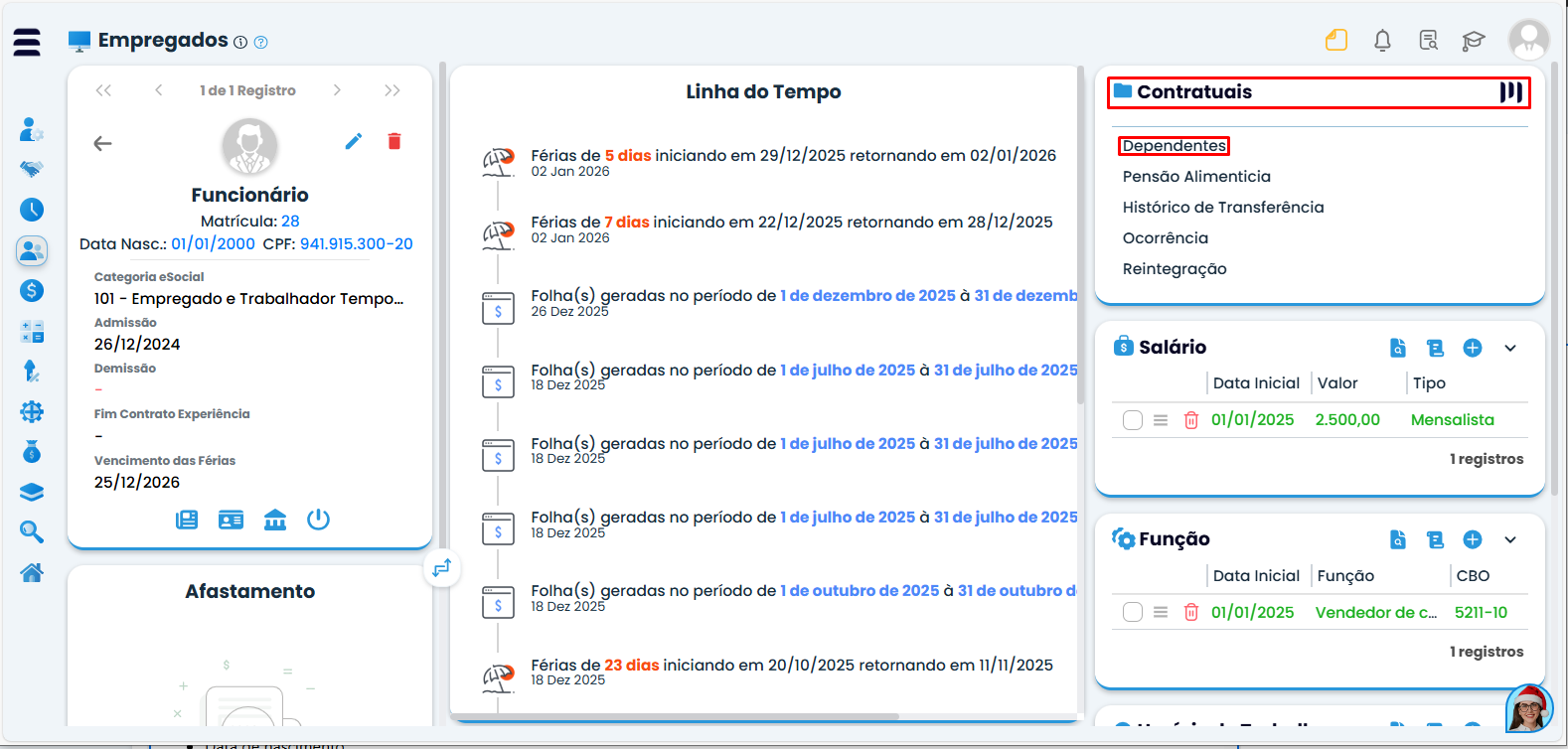 Interface do Sistema Contábil Makro com cadastro do funcionário aberto, destacando a aba Contratuais e o acesso à opção Dependentes para cadastro de dependentes.