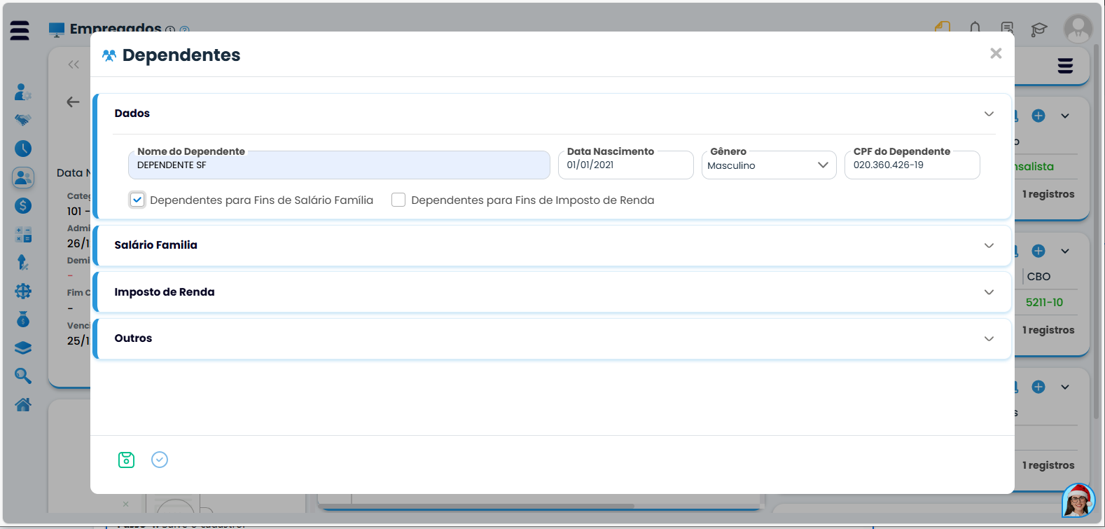 Tela de cadastro de dependentes no Sistema Contábil Makro com dados preenchidos e opção Dependente para fins de Salário Família marcada no cadastro de dependentes.