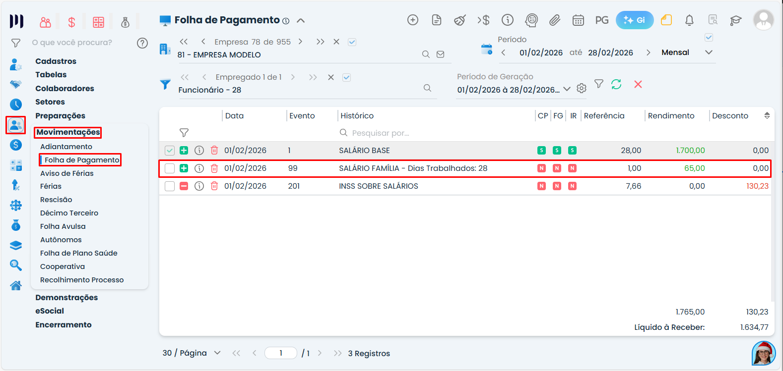 Folha de pagamento no Sistema Contábil Makro apresentando o evento Salário Família calculado automaticamente após o cadastro de dependentes válido.