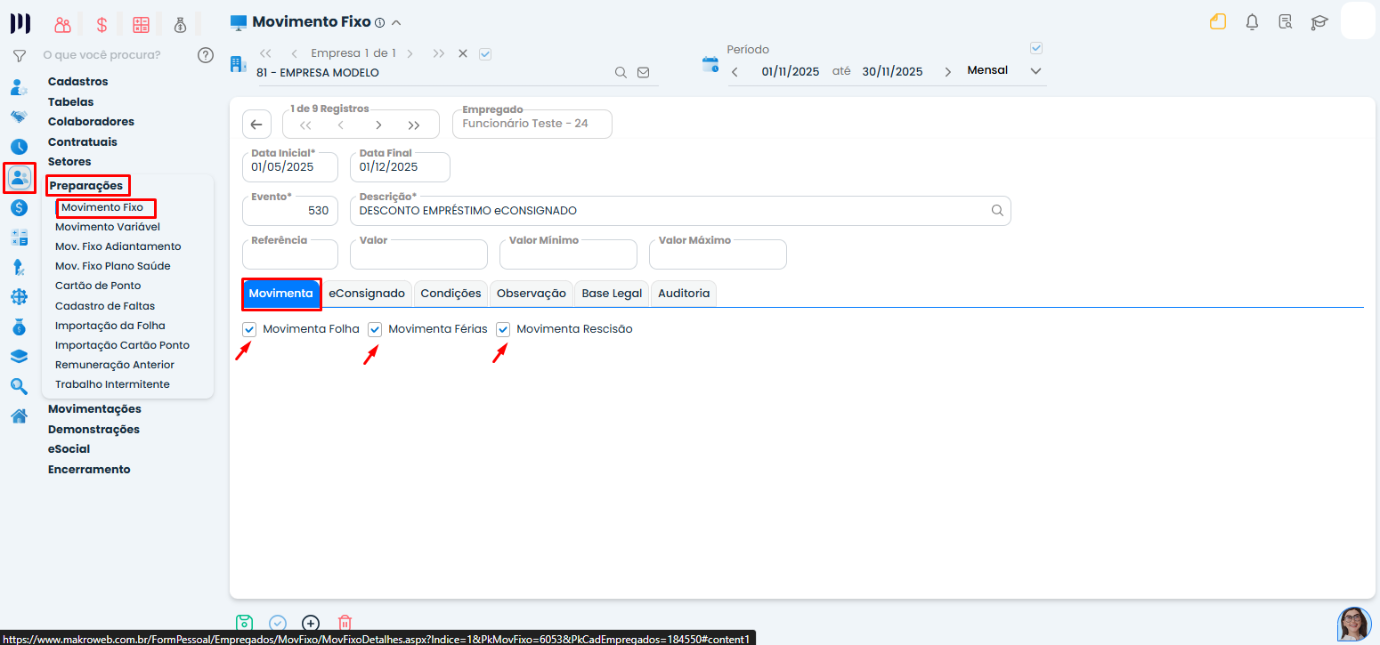 Tela de Movimento Fixo no Sistema Contábil Makro com opções de movimentação de folha, férias e rescisão no Empréstimo eConsignado destacadas.