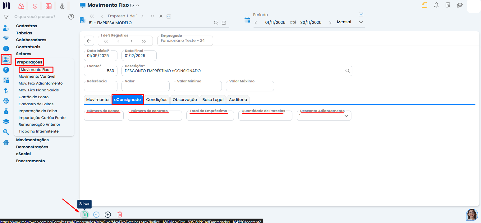 Aba eConsignado no Sistema Contábil Makro exibindo campos de banco, contrato, valor e parcelas para cadastro do Empréstimo eConsignado.