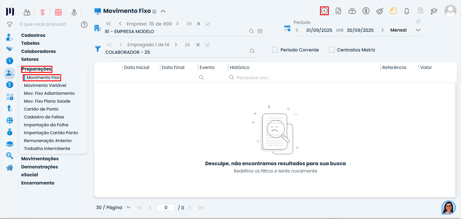 Tela de Movimento Fixo no Sistema Contábil Makro com menu Preparações destacado para lançamento mensal de verba na folha.