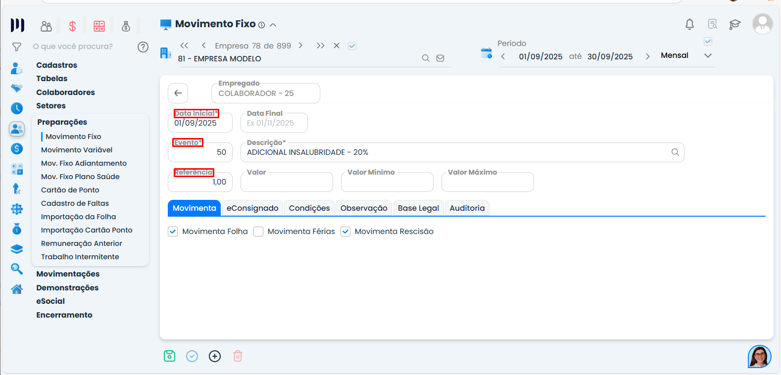 Cadastro de evento com data inicial e referência no Sistema Contábil Makro para lançamento mensal de verba fixa na folha.