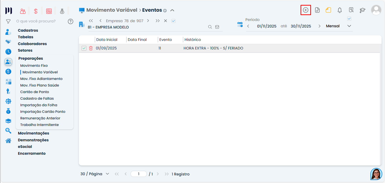 Tela de Eventos no Movimento Variável do Sistema Contábil Makro para lançamento mensal de verba como hora extra.