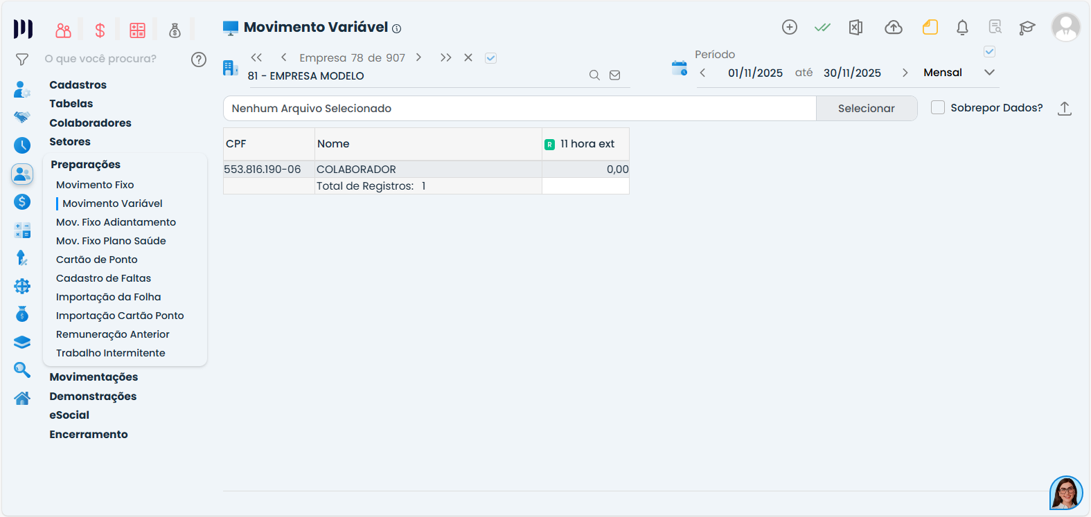 Lançamento para colaborador no Movimento Variável do Sistema Contábil Makro relacionado ao lançamento mensal de verba.