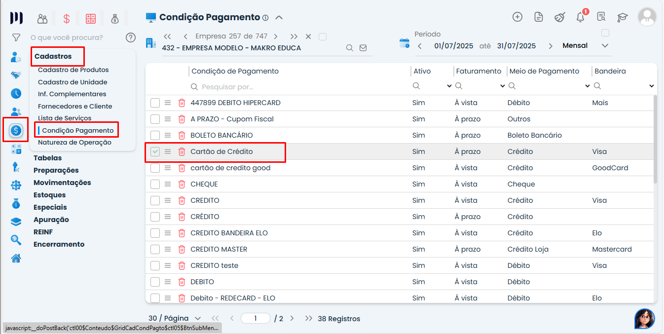 Tela de Condição de Pagamento no Sistema Contábil Makro destacando Cartão de Crédito para Importação e Centro de Custo para NF-e.