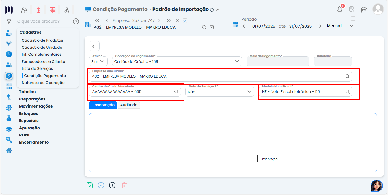 Tela de Padrão de Importação no Sistema Contábil Makro com empresa, centro de custo e modelo NF-e vinculados para Importação e Centro de Custo para NF-e.
