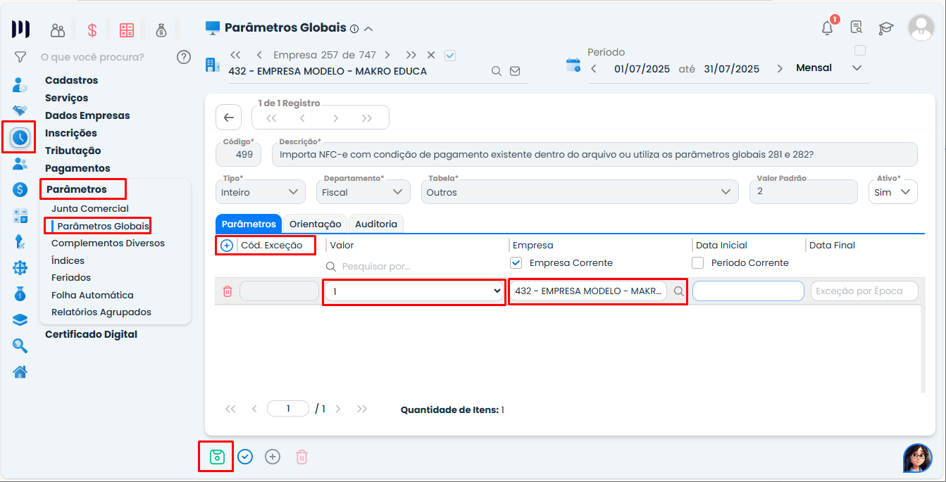 Tela de Parâmetros Globais no Sistema Contábil Makro com código de exceção ativo para Importação e Centro de Custo para NF-e via XML.