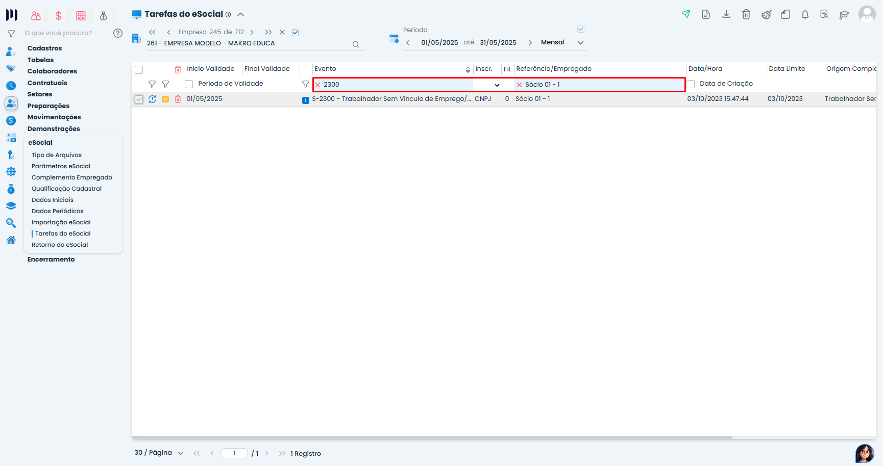 Campo de pesquisa por evento S-2300 no Sistema Contábil Makro para localizar Eventos para o eSocial por empregado ou referência.