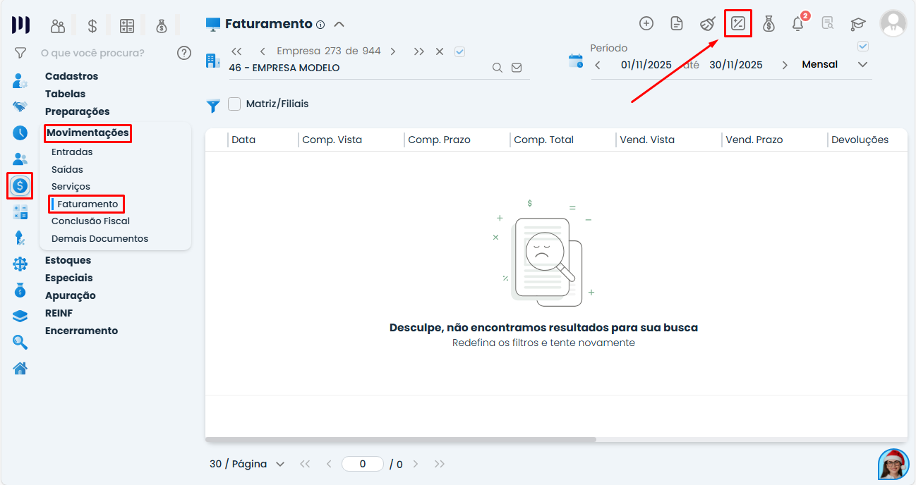 Tela do Sistema Contábil Makro no menu Fiscal > Movimentações > Faturamento, com destaque no ícone de Saldo de Devolução para conferência fiscal.